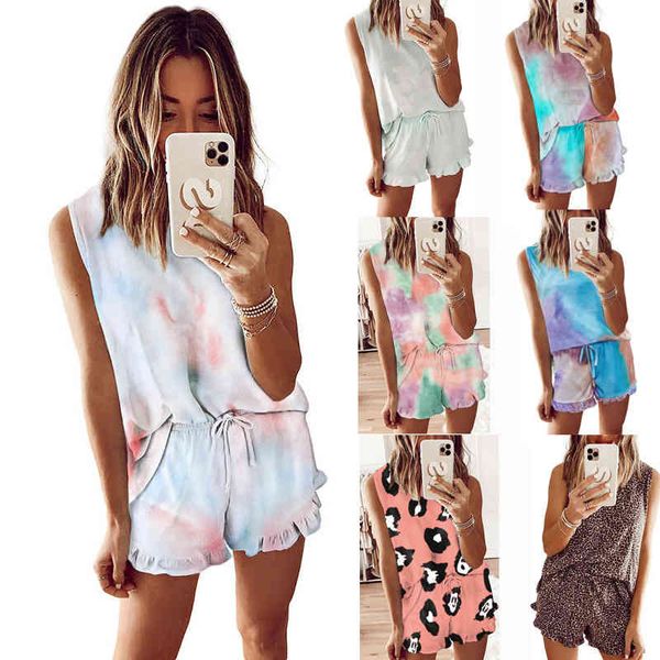 

two piece dress tie dyed pajamas women's summer comfortable leisure sleeveless round neck home set two-piece ozcg, White