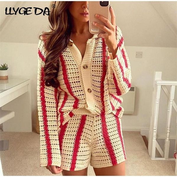 

knitted hollow out women's shorts sets long sleeve cardigan for women and red stripe loose y2k autumn casual sweater 220324, White