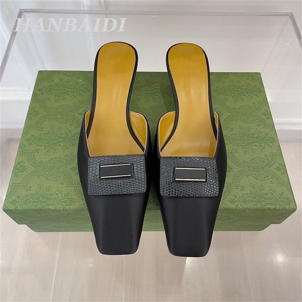 

30% off 2022 sandals new fashion silk retro square toe patchwork slides spring summer kitten heel shoes women buckle slippers slip on mules, Black