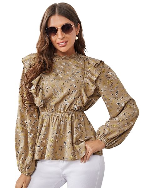 

allover floral print lace trim keyhole back peplum x4fr#, White