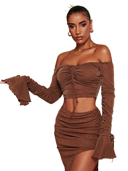 

off shoulder ruched mesh w041#, White
