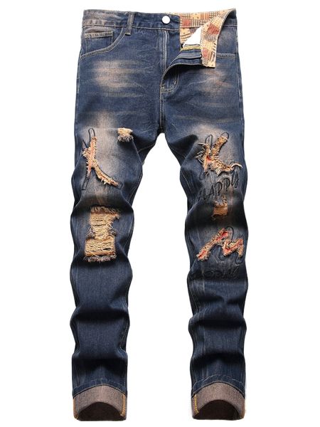 

men letter embroidered ripped moustache effect slim jeans 819o#, Blue
