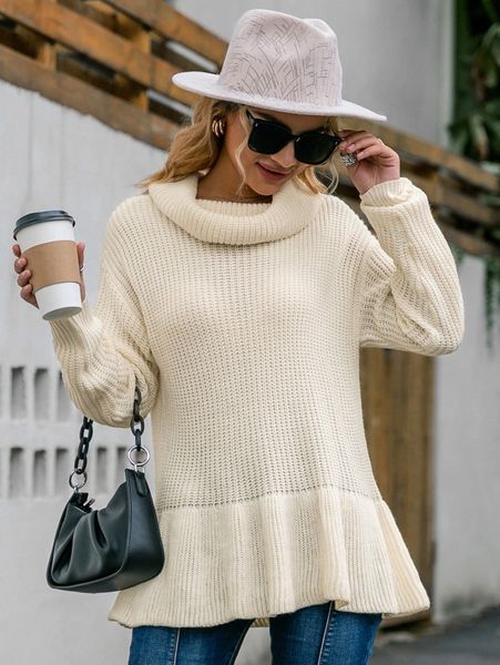 

simplee draped collar ruffle hem drop shoulder sweater s7pt#, White;black