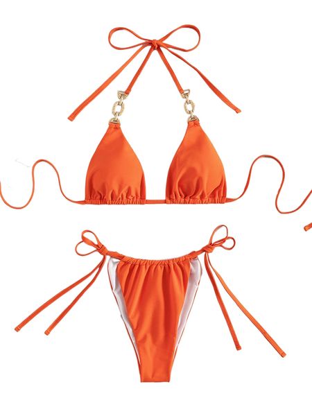 

chain linked halter triangle bikini swimsuit f3sa#, White;black