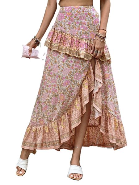 

rusttydustty floral print ruffle trim asymmetrical hem skirt n0m8#, Black