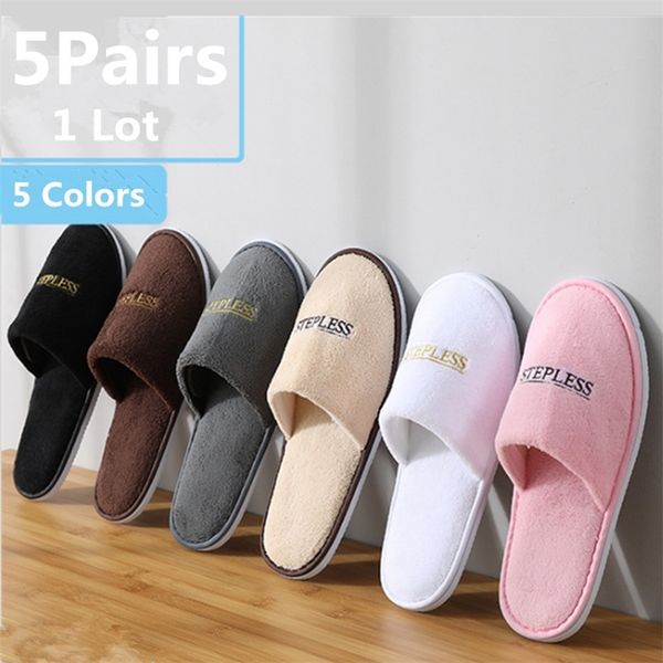 

5 pairs/lot winter slippers men women kids disposable el slippers home slides travel sandals hospitality guest footwear shoes 220326, Black