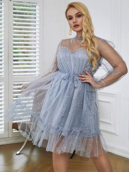 

love&lemonade plus ruffle trim galaxy mesh overlay dress p0em#, Black