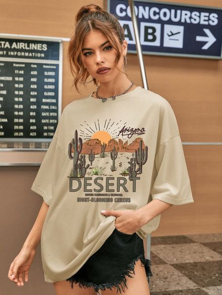 

slogan and plant print oversized tee 58i9#, White