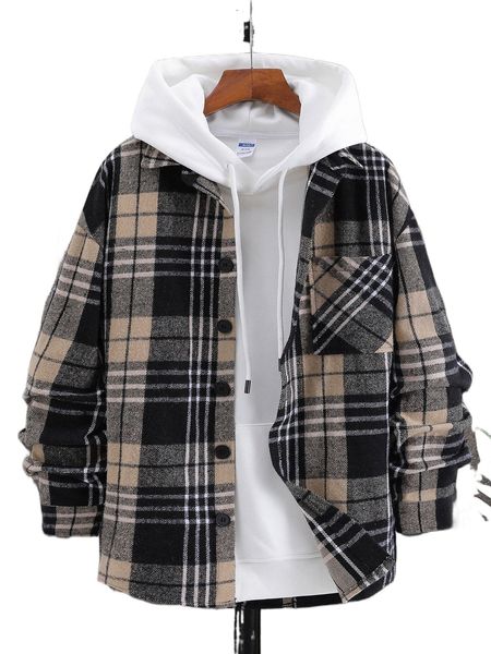 

men plaid patched pocket drop shoulder overcoat without hoodie p2en#, Black