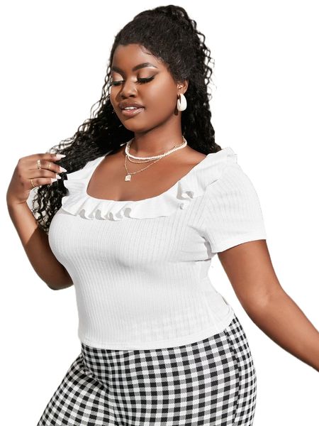 

sxy plus ruffle trim scoop neck tee c9zf#, Black