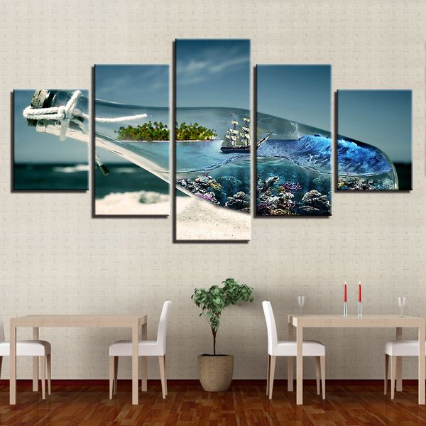 Bottiglia di mare Arte Paesaggio Paesaggio Tela modulare Stampe HD Poster Decorazioni per la casa Immagini di arte della parete 5 pezzi Dipinti senza cornice