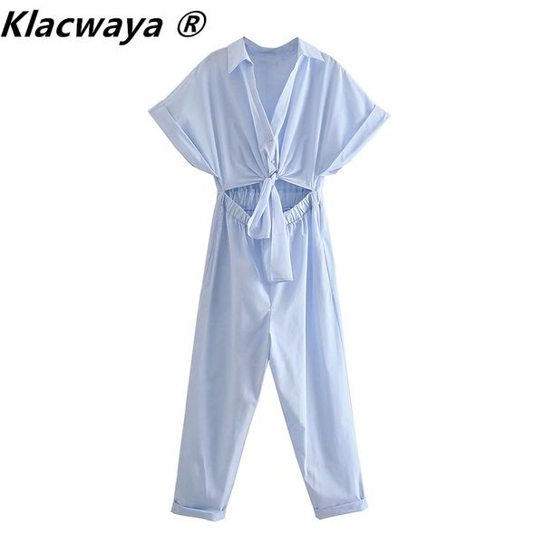 

za women knot decoration poplin solid color v neck jumpsuits chic ladies short sleeve casual rompers 210521, Black;white