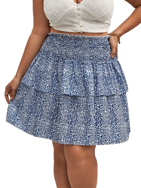 

plus ditsy floral shirred waist layered skirt b4pl#, Black