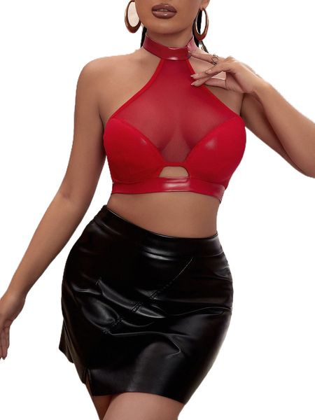 

sxy mesh insert cut out crop pu halter u4l2#, White