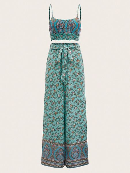 

floral print shirred hem cami and belted pants set 31m3#, White