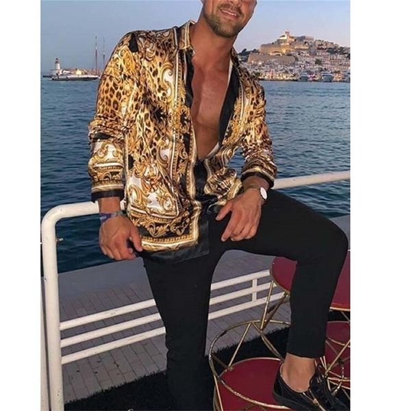 Europäische USA Herrenbekleidung Lässige Mode Bedrucktes Hemd Männer Seidensatin Slim Fit Langarm Blumenparty Männliche Tops 220322
