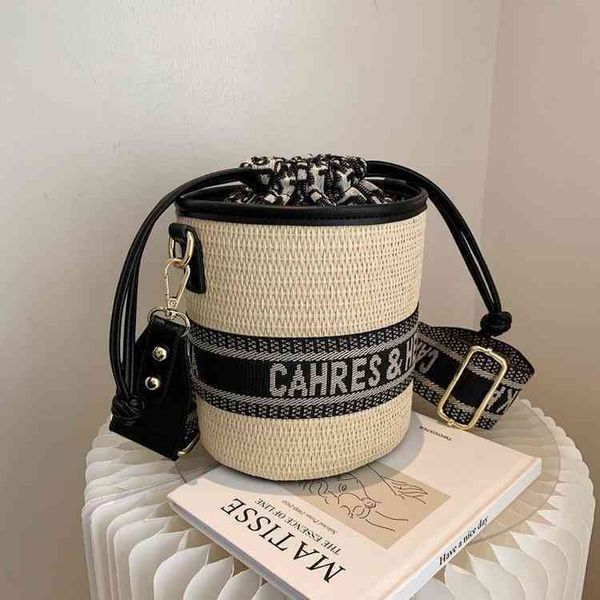 

fashion straw bag ins woven wide strap single shoulder bucket bag