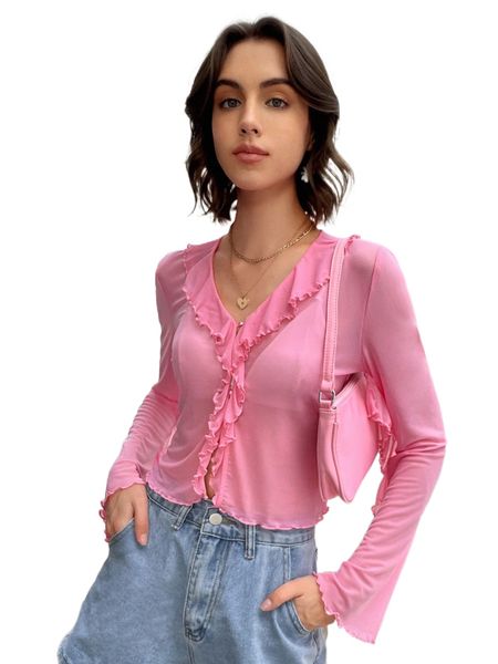 

ruffle trim button front u2yn#, White