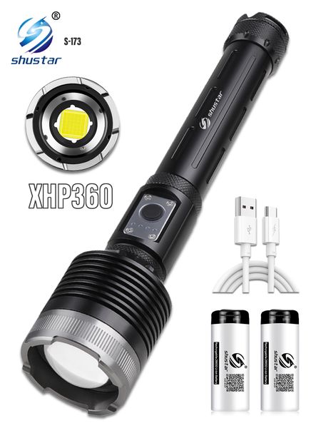 Super Power XHP360 LED El Feneri Alüminyum Alaşım Torçu Teleskopik Zoom Macera Kamp Işıkları Destek Güç Çıkışı