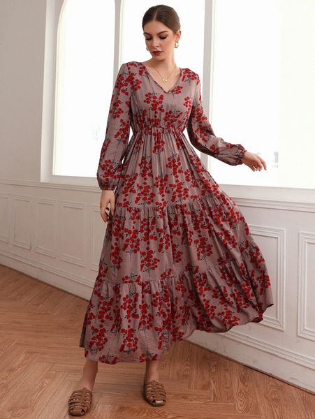 

floral print a-line dress 90p2#, Black;gray