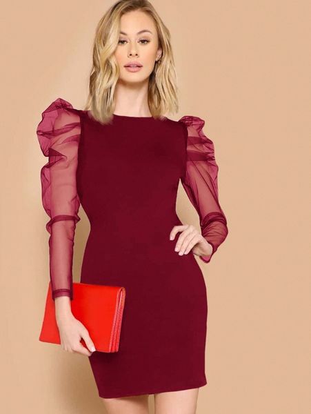 

mesh leg-of-mutton sleeve fitted dress j8bn#, Black;gray