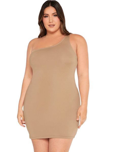 

plus solid one shoulder dress 95eo#, Black