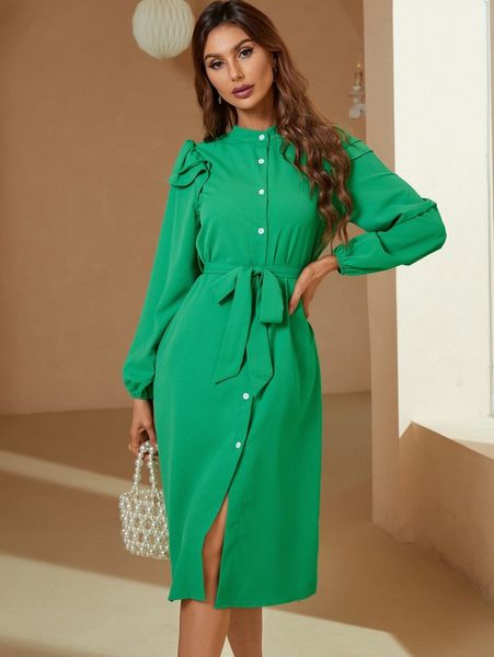 

ruffle trim bishop sleeve belted shirt dress b8yq#, Black;gray