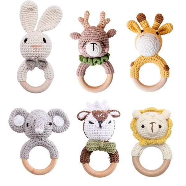 1pc Baby Teether Music Rattles for Kids Animal Crochet Rattle Elephant Giraffe Ring Wooden Babies Gym Montessori Childrens Toys 220815