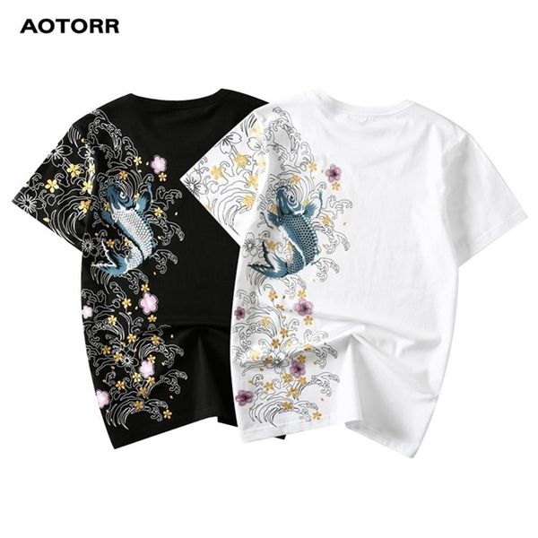 

summer men t shirt koi embroidery new chinese style o-neck cotton tees men's short sleeve streetwear fashion casual t-shirt t200224, White;black
