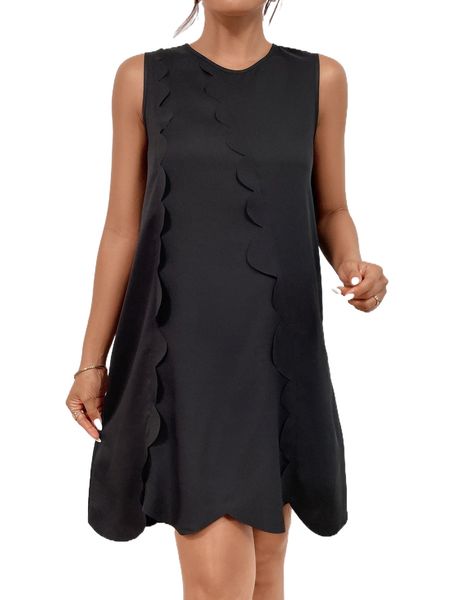 

solid scallop trim key hole back tunic dress j8f8#, Black;gray