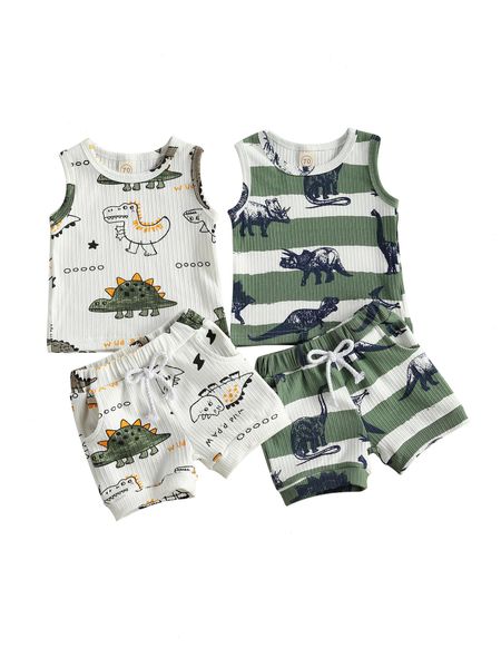 

summer infant baby sets boys girls tracksuits cartoon dinosaur print sleeveless vest elastic shorts clothes set, White