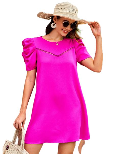 

solid puff sleeve tunic dress i3ye#, Black;gray