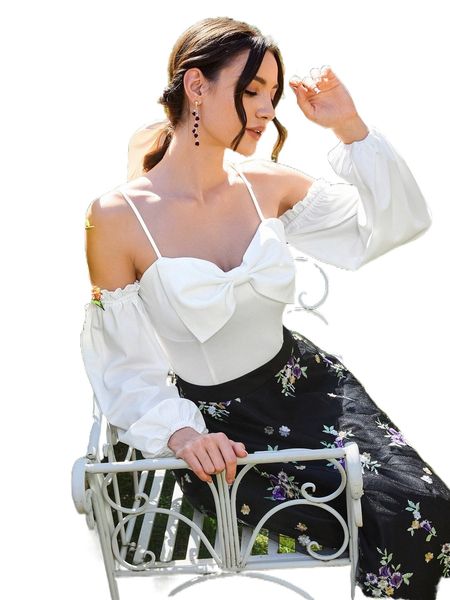 

bow front cold shoulder blouse i4g6#, White