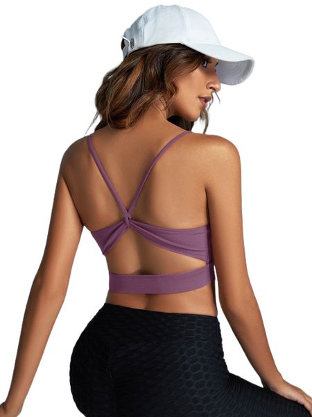 

light support solid cut out back sports bra 46tt#, Gray