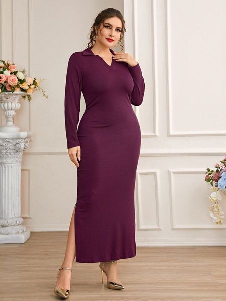 

plus solid split hem dress z4dm#, Black