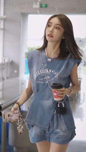 

two piece dress designer 22 spring and summer new minority design trendy brand fashion street letter embroidered denim vest shorts two-piece, White