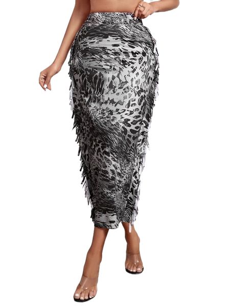 

sxy allover print fringe trim split back skirt t70x#, Black