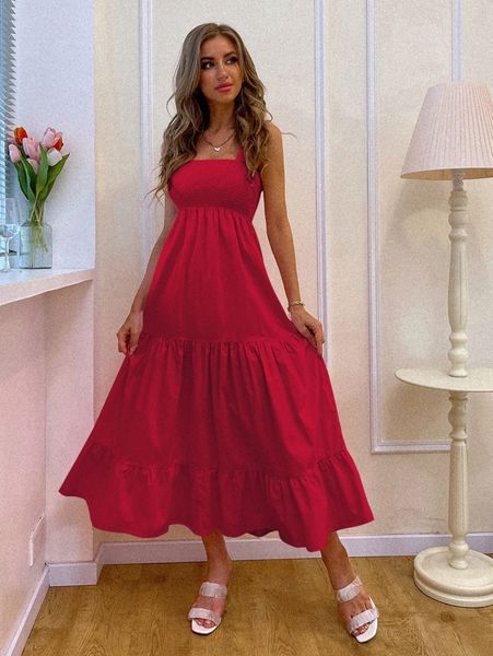 

shirred bodice flounce hem cami dress k3gs#, Black;gray