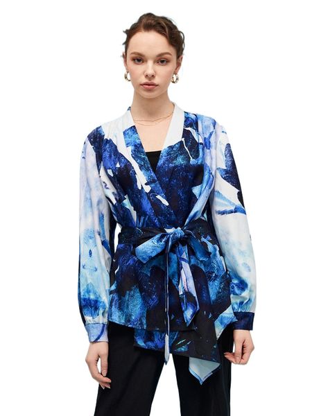 

x chanda redux tie dye drop shoulder asymmetrical hem belted blouse 76ds#, White