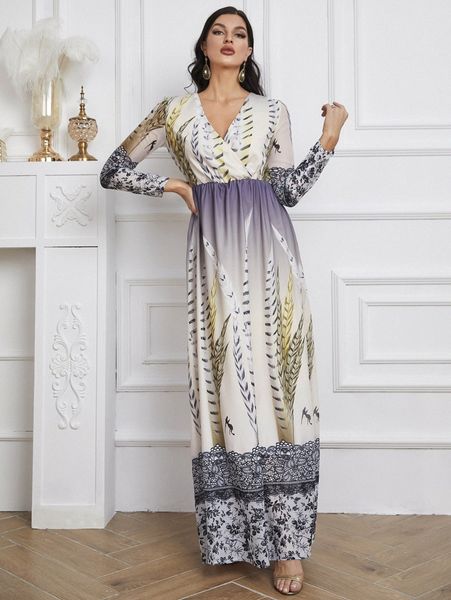 

plant print surplice neck chiffon dress 00sm#, Black;gray