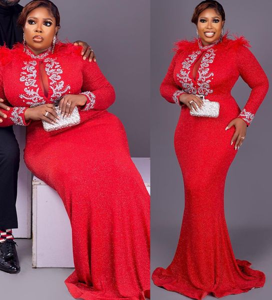 

2022 plus size arabic aso ebi red mermaid sparkly prom dresses beaded feather evening formal party second reception birthday engagement gown, Black