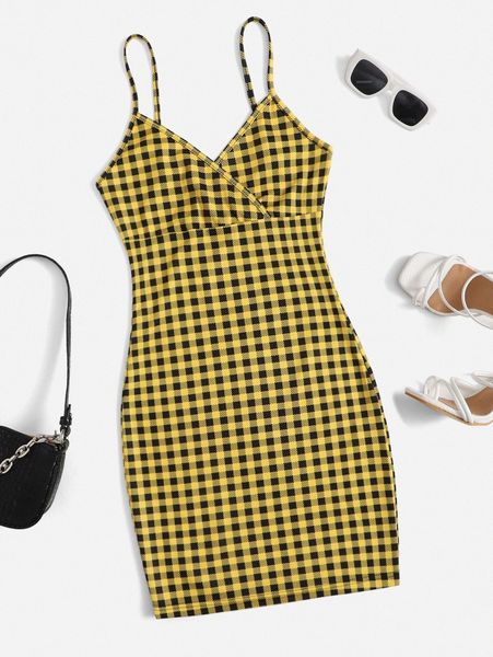 

buffalo plaid cami bodycon mini dress m6ai#, Black;gray