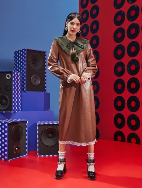 

x catherine chen removable pom pom collar contrast lace pu leather dress v0bb#, Black;gray