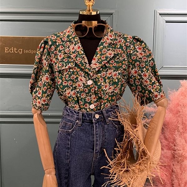 

edtg short hong kong style shirt female polo collar floral shirt female retro half sleeve blouse temperament cardigan female 210316, Black;white