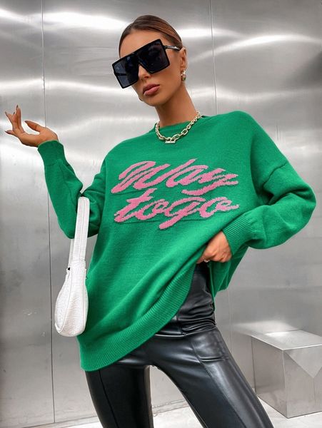

letter pattern drop shoulder oversized sweater 08pv#, White;black