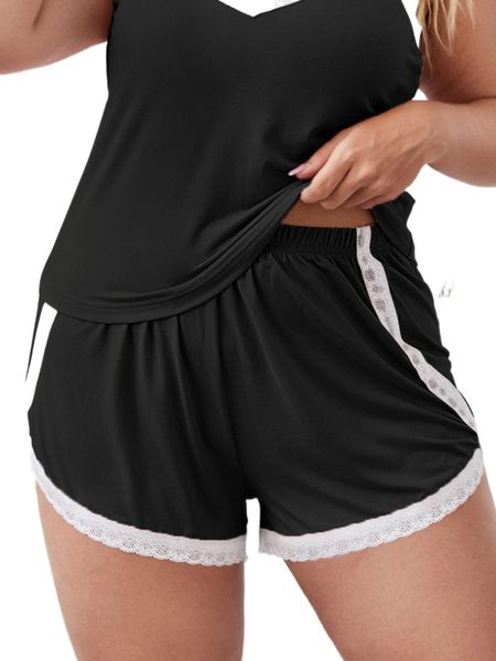 

plus contrast lace sleep shorts m2jw#, Black;white