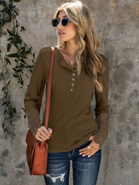 

button contrast lace rib-knit tee o8at#, White