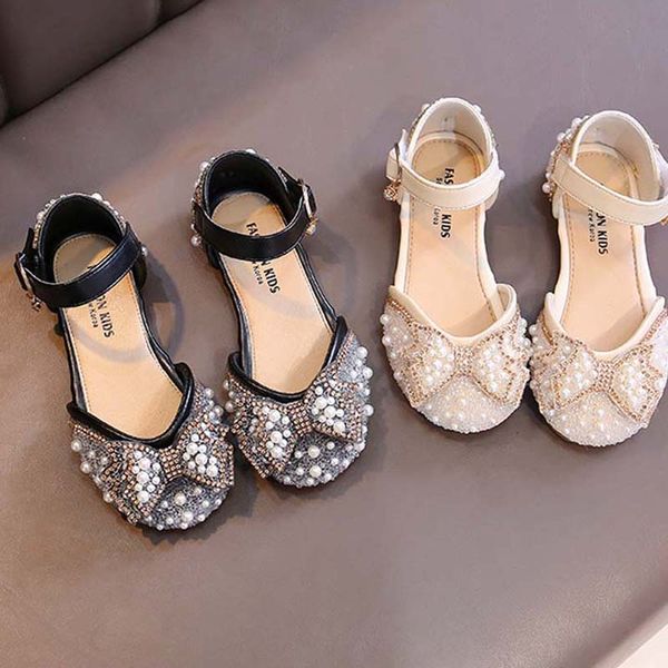 

2022 new girls first walkers children bling shoes single peals bow diamend non-slip soft soled hollow kids party prom formal shoe size 23-29