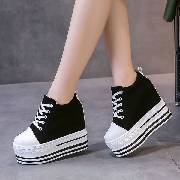 

12cm super high heel female platform wedge shoes chunky women casual sneakers female spring summer loafer for, Black;yellow