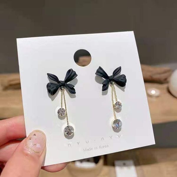 

temperament tassel dangle black bow rhinestone long earrings highend light luxury womens summer earrings fashion new jewelry, Silver